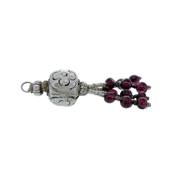 Vintage Silver Tone Garnet Beaded Tassel Pendant - Picture 3 of 5